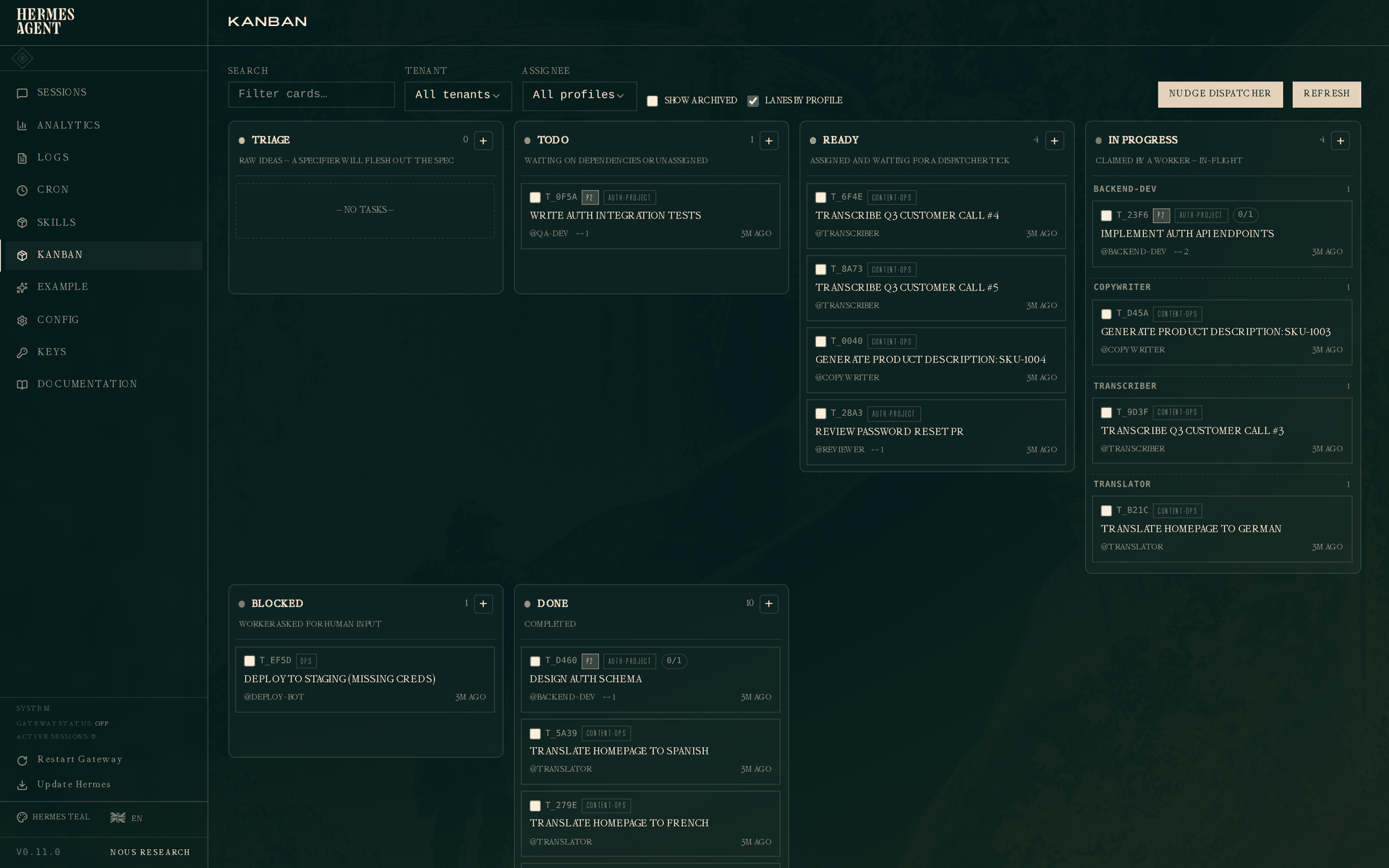 Tablero Kanban de Hermes Agent para coordinar tareas entre perfiles y agentes