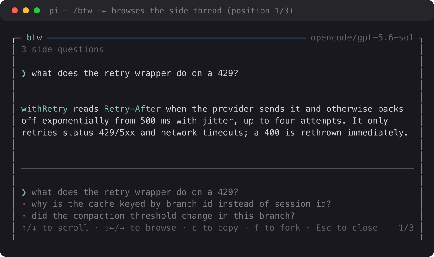 Browsing to an older side question: the thread list marks the selection and the footer shows 1/3