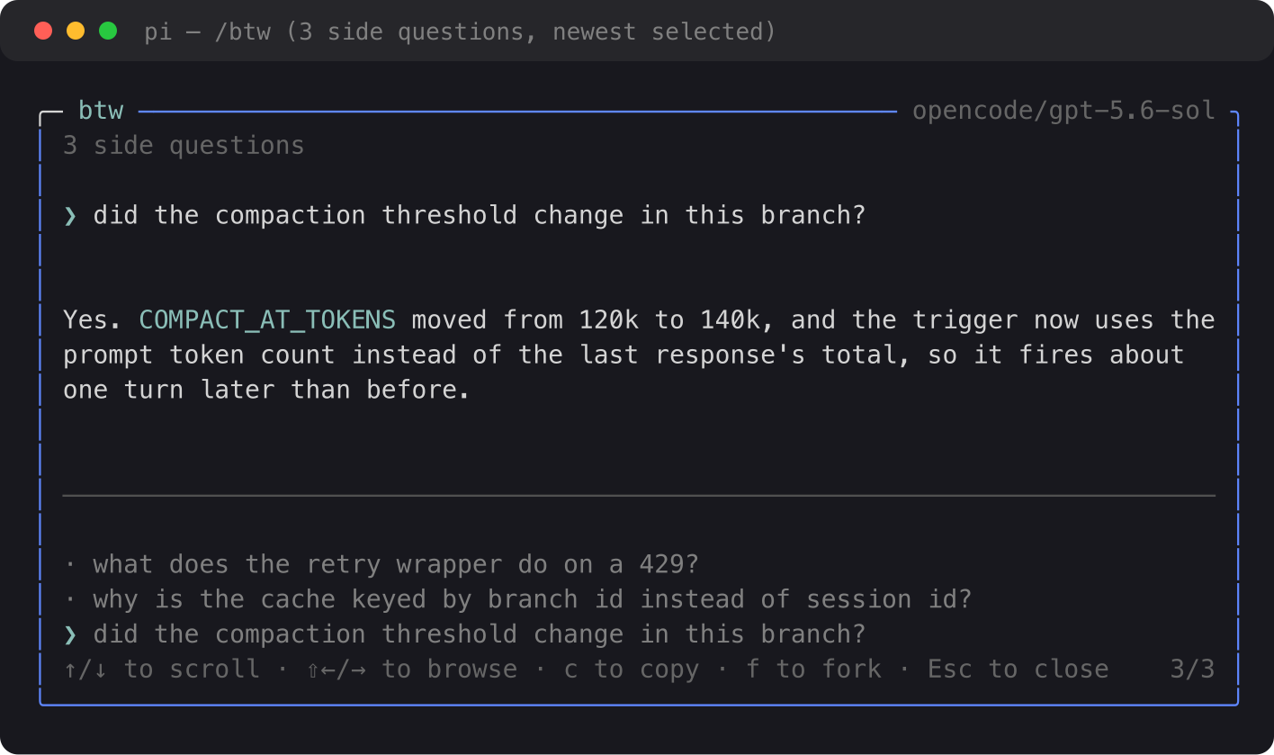 The /btw overlay showing a side question, its answer, the side thread and the key hints