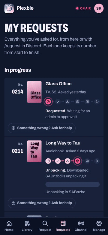 A request moving from Requested to Approved, Downloading, Unpacking, Adding to Plex and On Plex