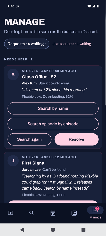 Manage on Android: help requests with Search again and Resolve