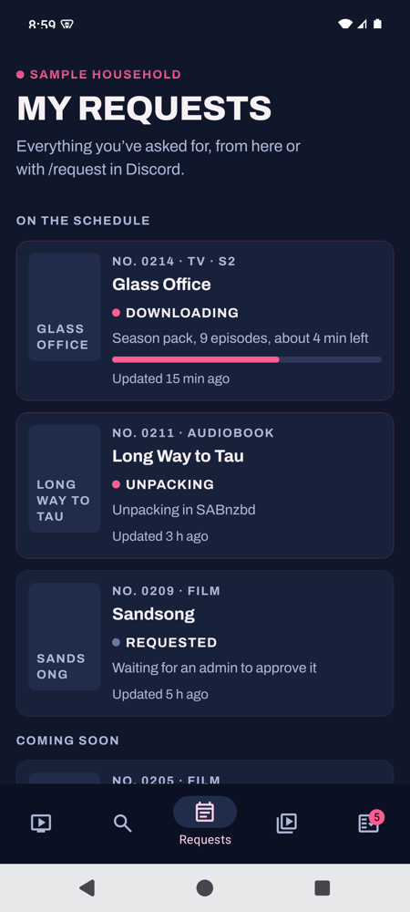 My requests on Android, each with its stage and download progress