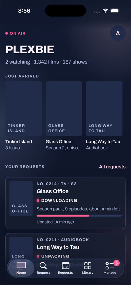 The app's home screen on iPhone: what just arrived and your requests
