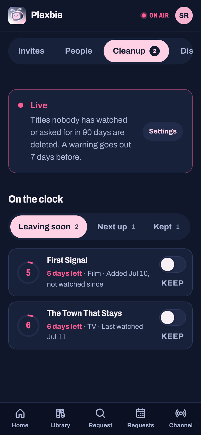 Cleanup settings with countdown rings