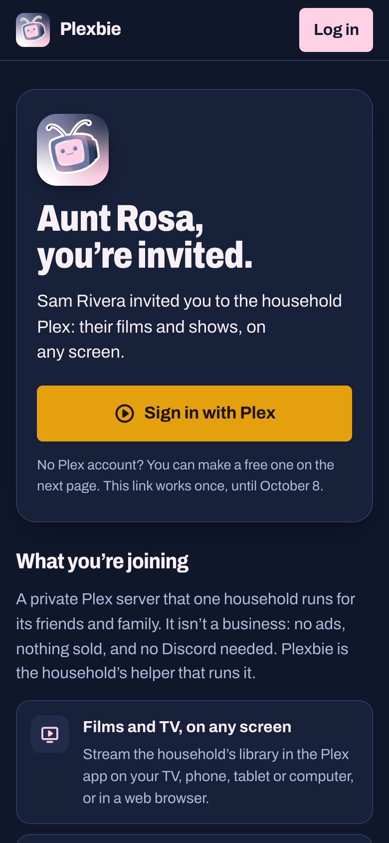 An invite link's welcome page