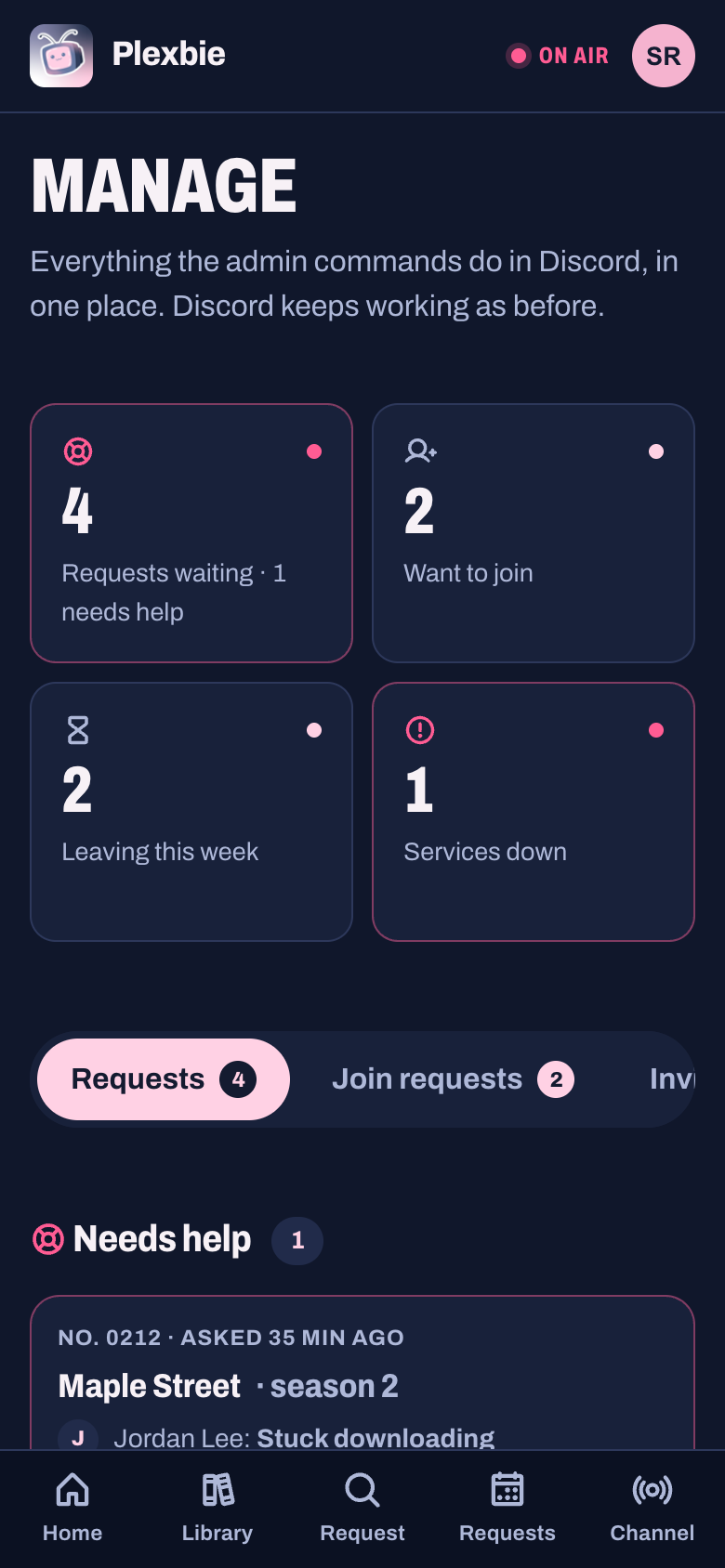 Manage: requests waiting, join requests, titles leaving this week, service health