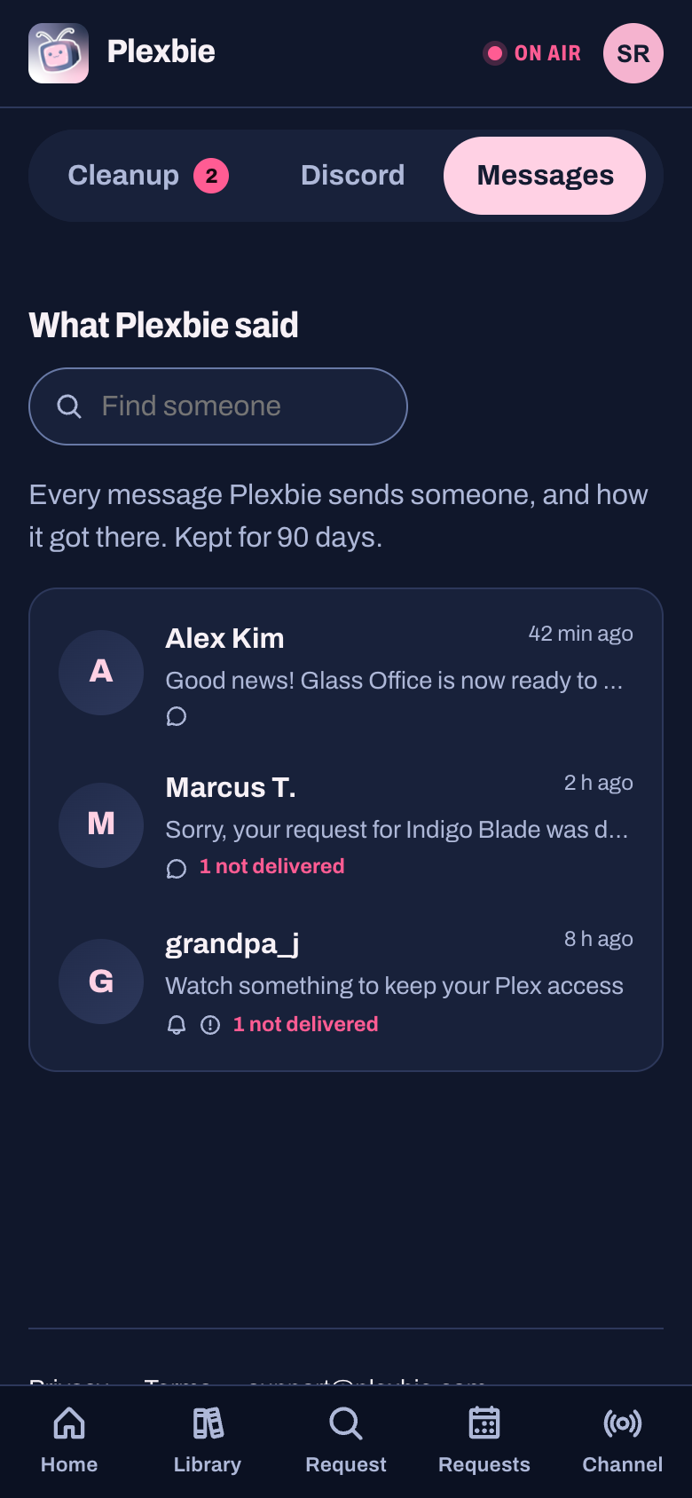 Messages: everything Plexbie sent someone, Discord style