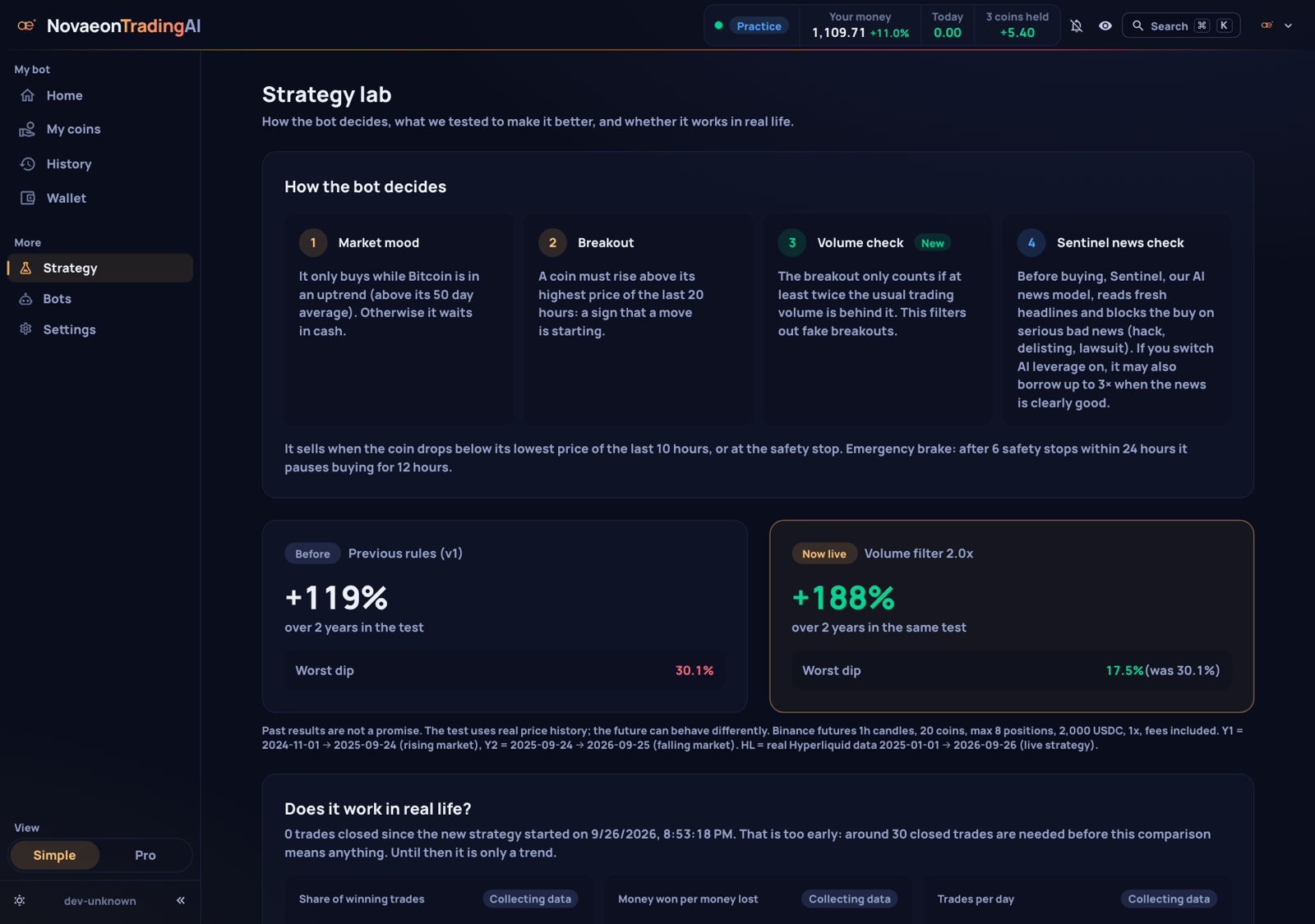 Strategy page: how the bot decides
