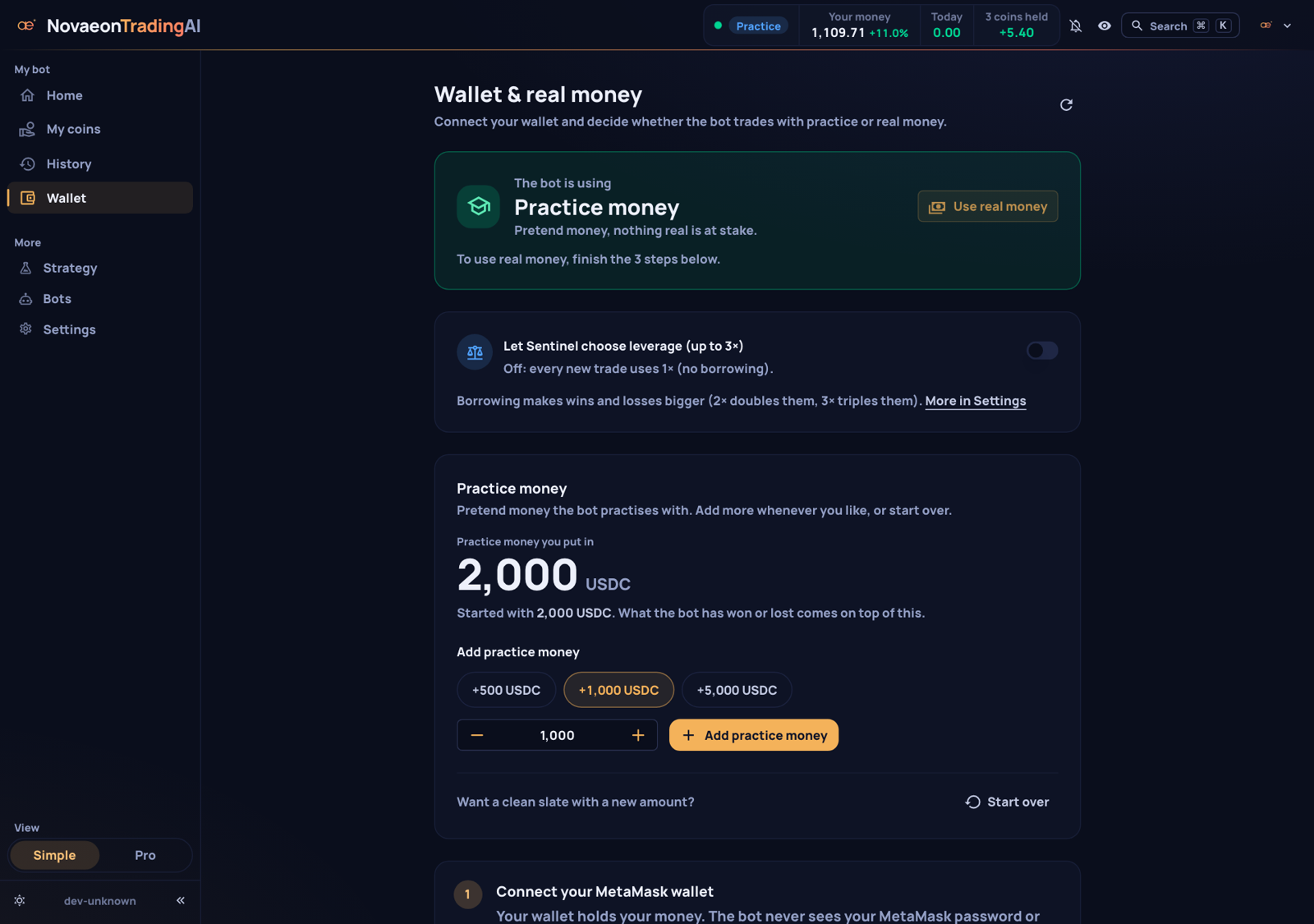 Wallet page: practice money and MetaMask