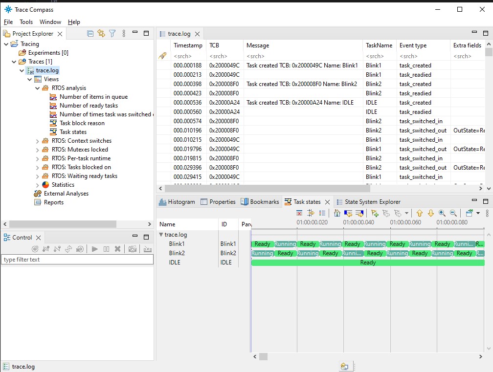 TraceCompass showing tasks states view for busy_blinker scenario. Displays three tasks (Blink1, Blink2 and IDLE) and alternating pattern of Ready and Running states.