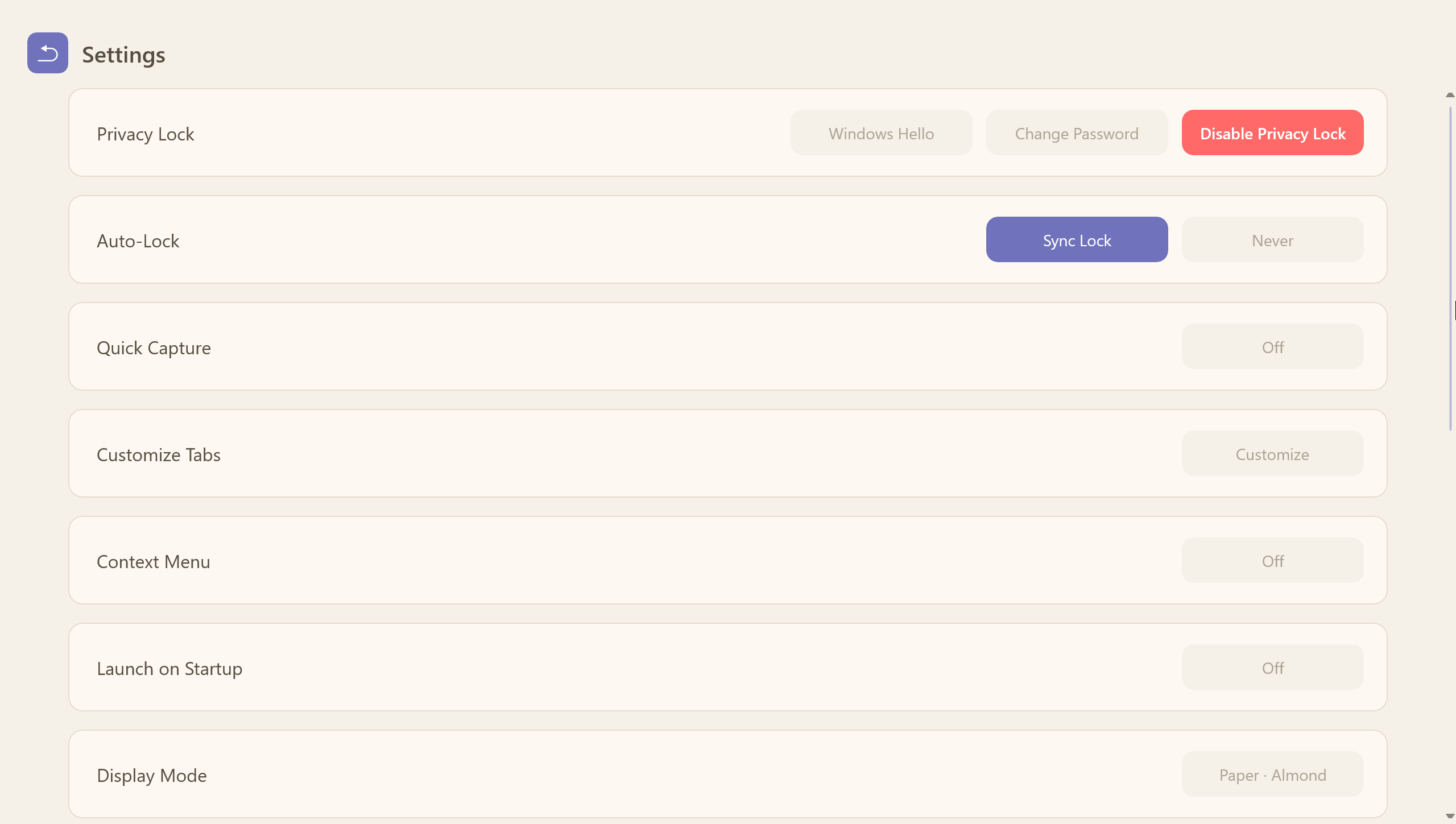 Settings page