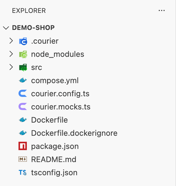 The Explorer in vscode-icons: the .courier folder with Courier's folder icon, courier.config.ts with Courier's mark in blue and courier.mocks.ts with it in violet