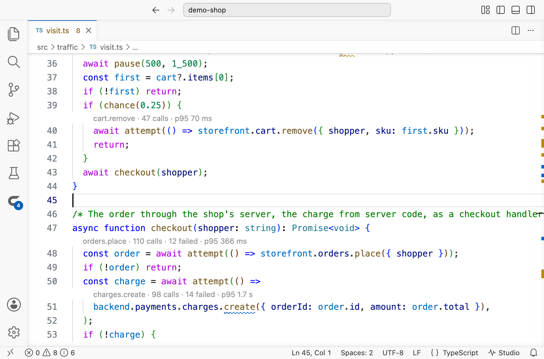 VS Code with a shop's checkout code open: above each call to an endpoint, a line saying how many calls it had in Courier Studio, how many failed and how long nineteen in twenty took