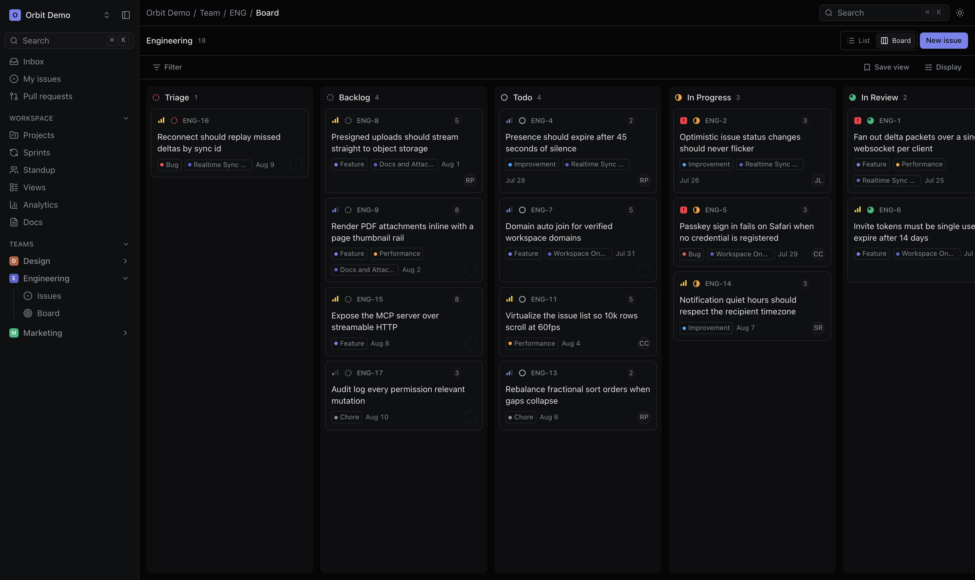 The Orbit board, dark theme