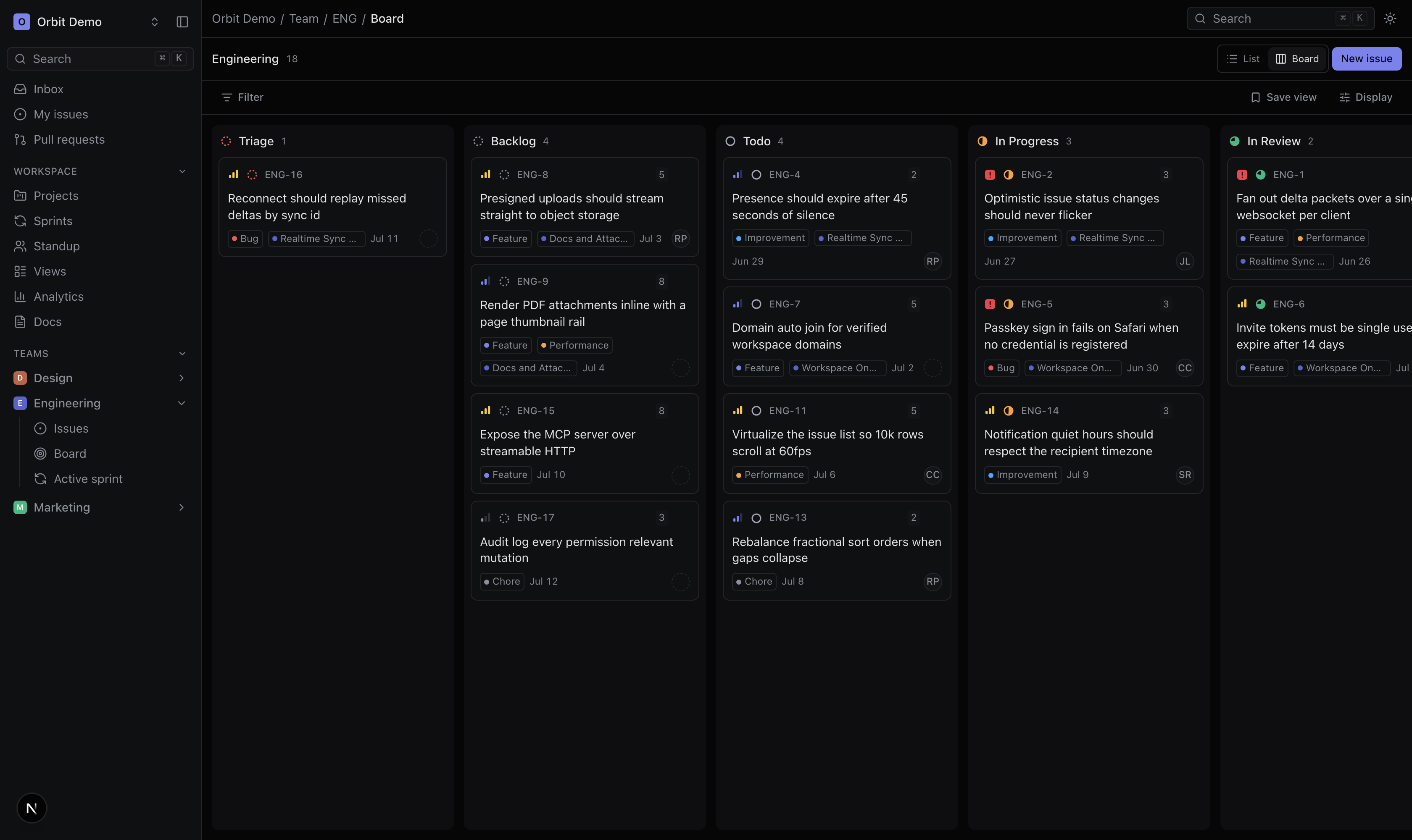The Orbit board, dark theme