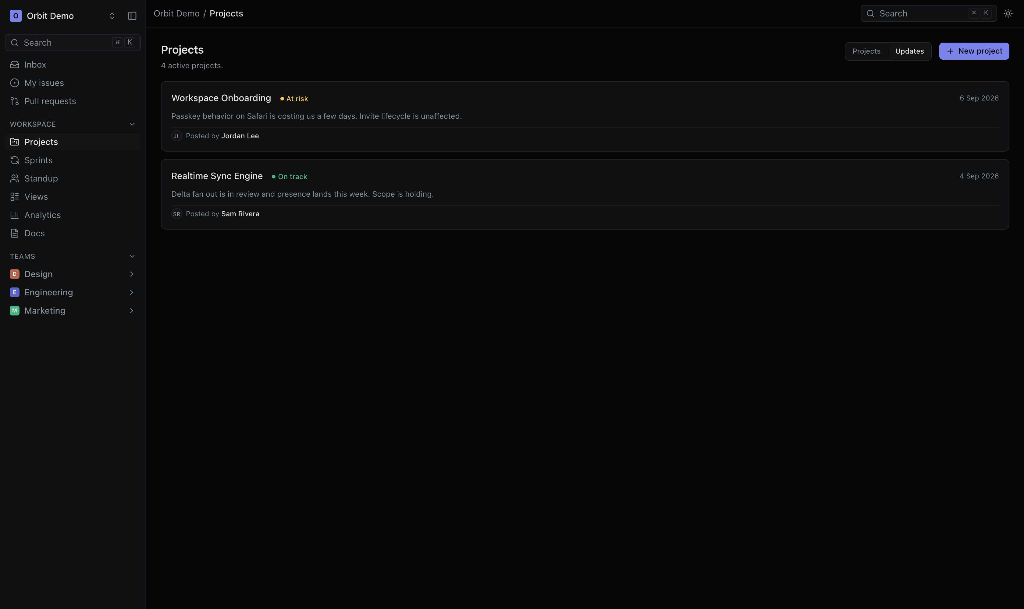Workspace project updates with health reports, dark theme