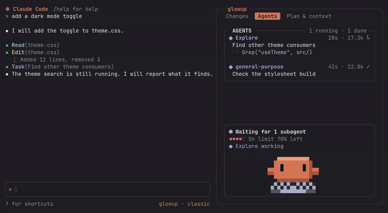 The docked pane on the Agents tab: a running Explore subagent with its task and the grep it is running, a finished subagent below it, and the status box naming the running one