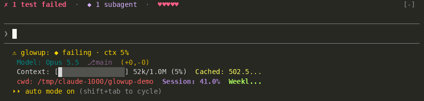 The band reading: 1 test failed, 1 subagent, five hearts