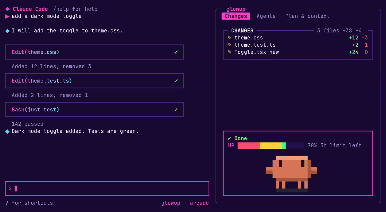 The arcade pack: neon pink and cyan on deep purple, with bold cards around tool calls and an HP bar in the pane's status box