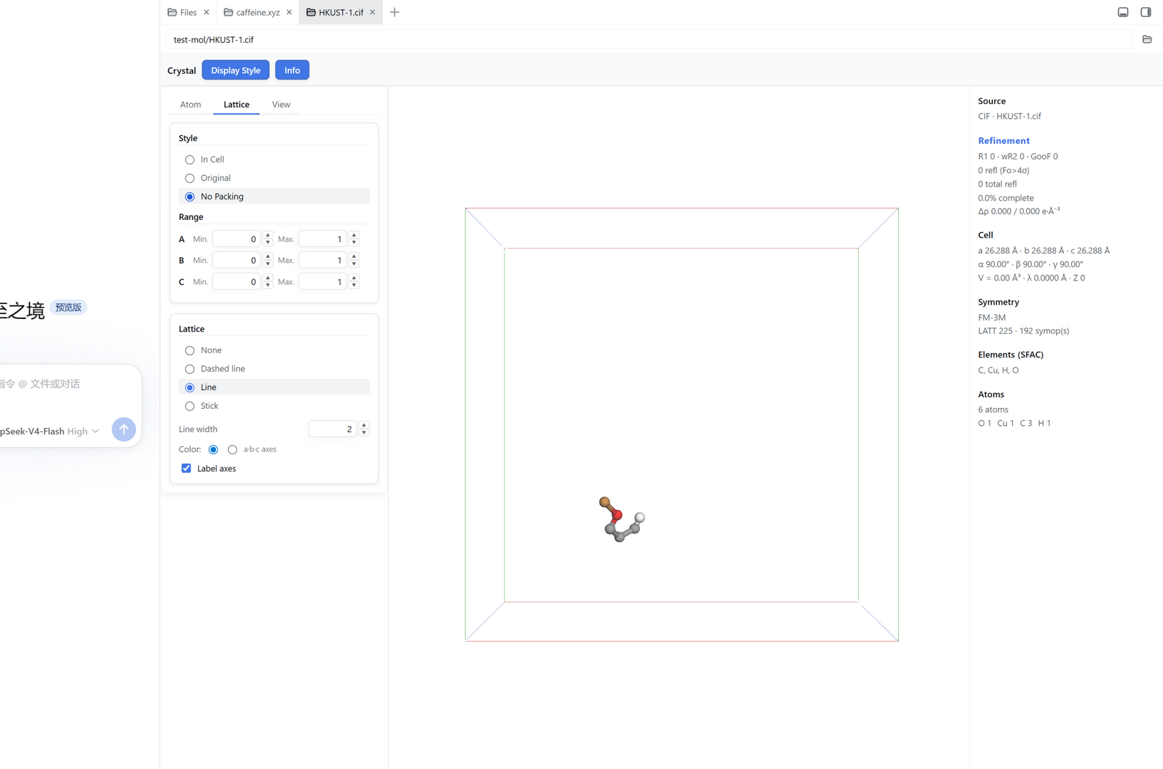 Display Style dialog — No Packing shows the true asymmetric unit