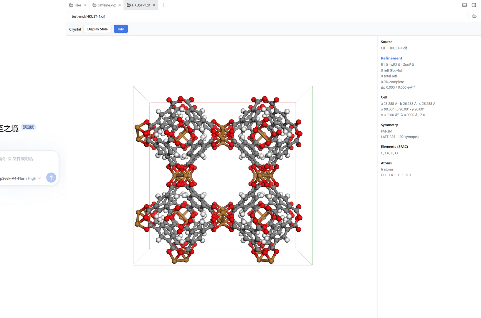 crystal-viewer main view — HKUST-1 complete unit cell plus full parameter panel