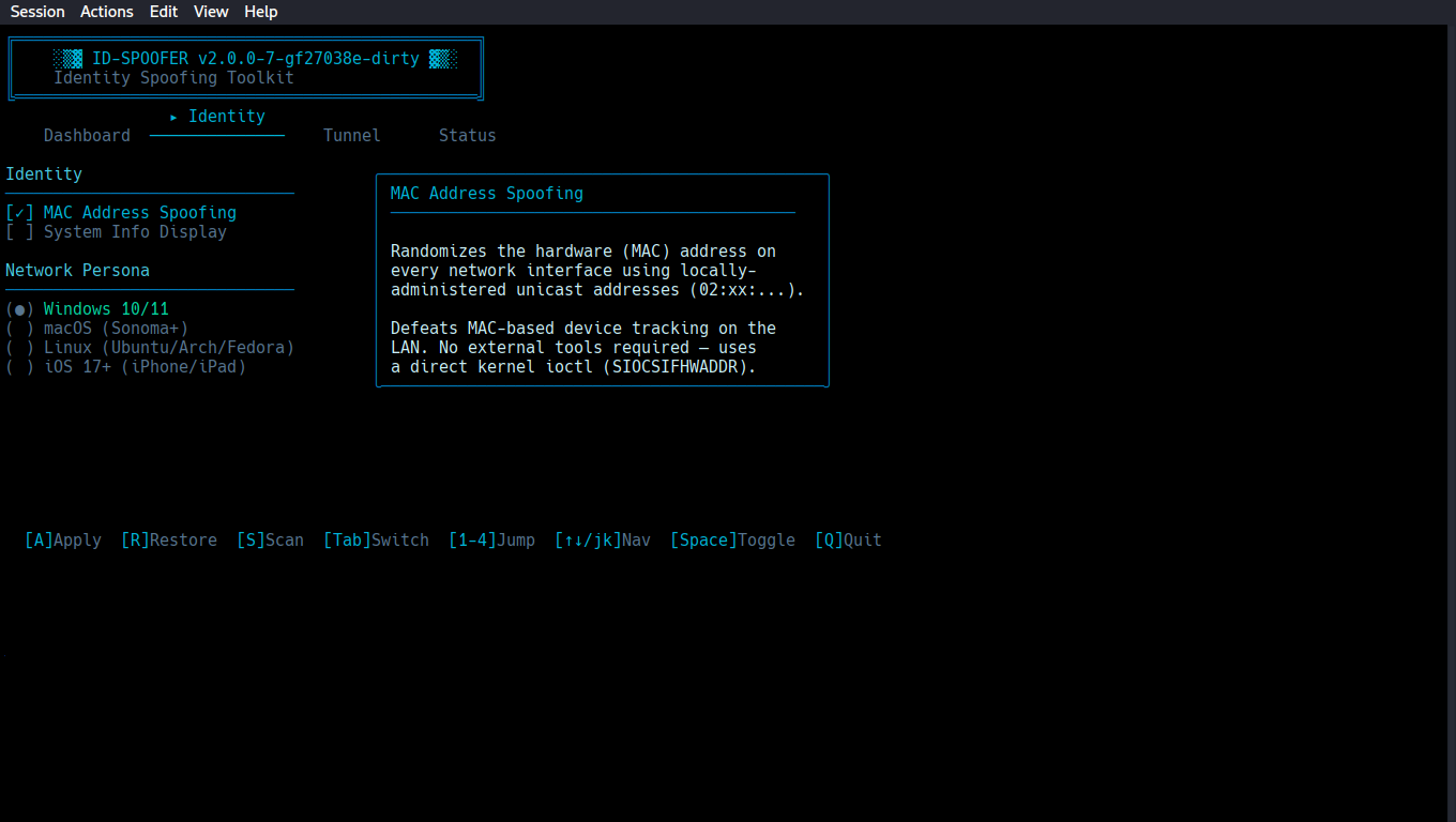 Applying network persona — DHCP hostname, TTL, MSS=1460, NFQUEUE active
