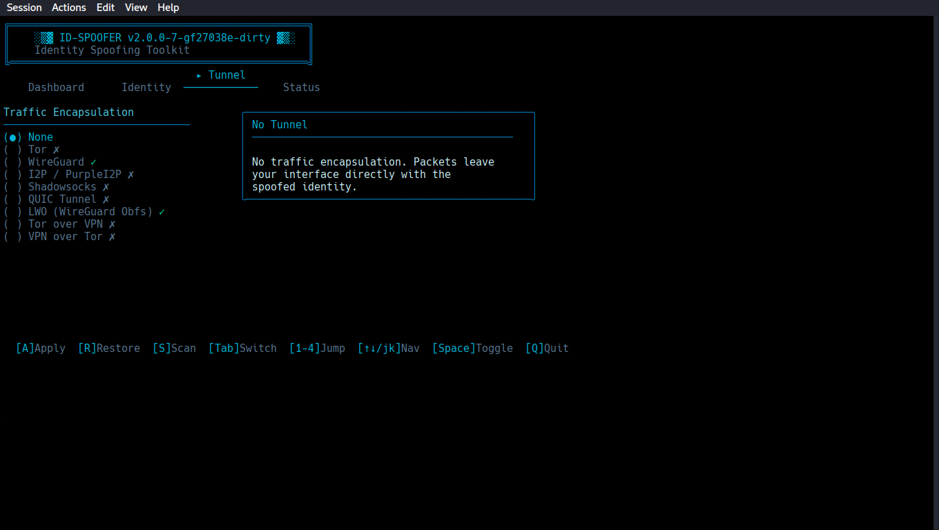 Status view showing IDSPOOF_NETEMU iptables chain and active NFQUEUE rewriter