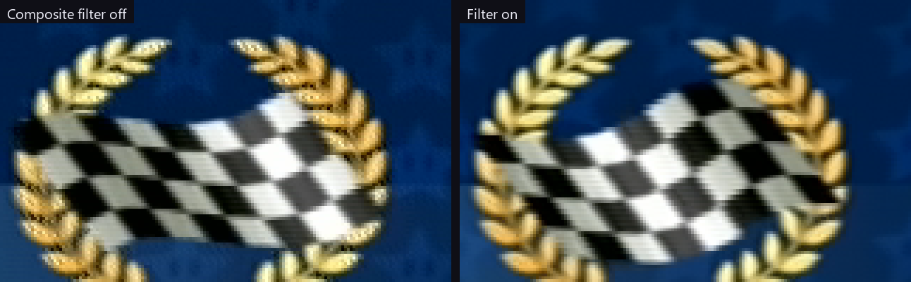 The same GameCube frame over composite, filter off and filter on