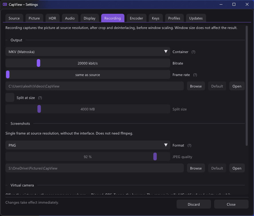 The Recording tab