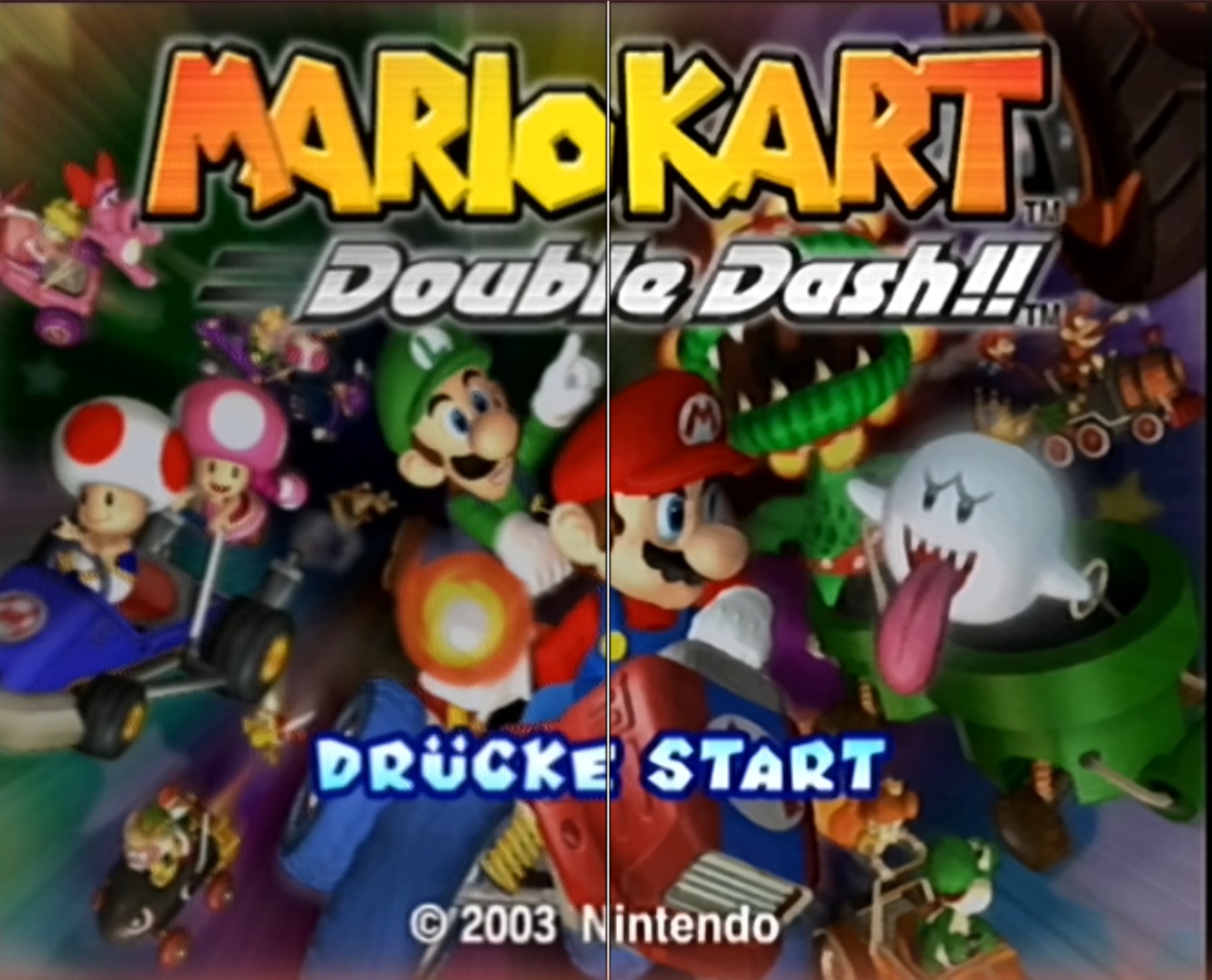A GameCube title screen split down the middle by a white line: the filters off on the left half, on on the right