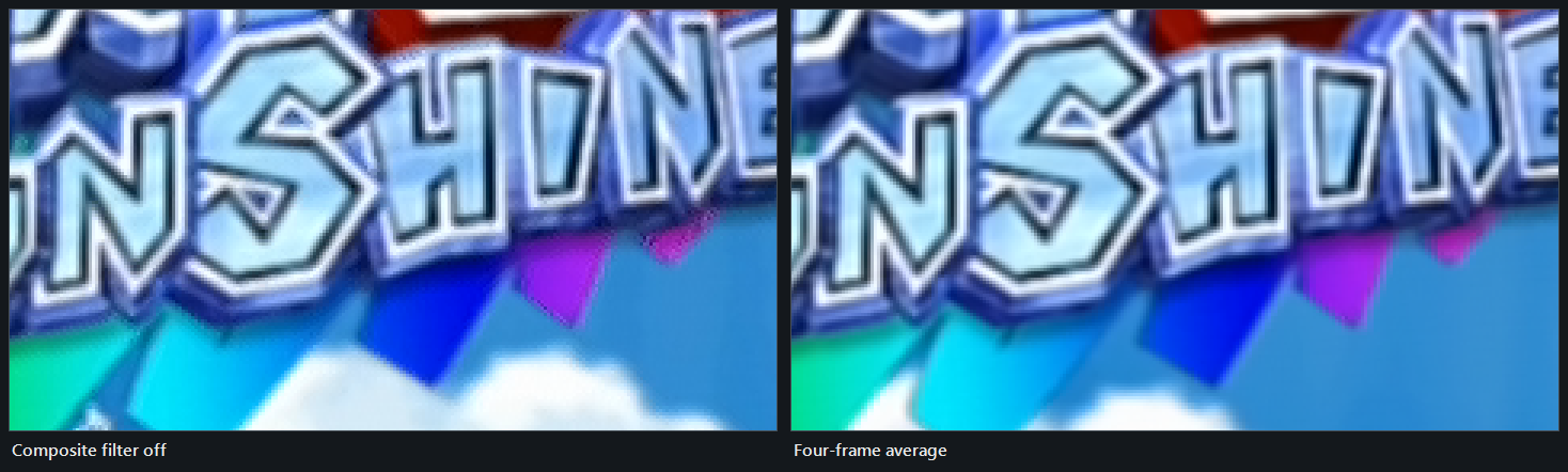 The same GameCube frame over composite, filter off and filter on