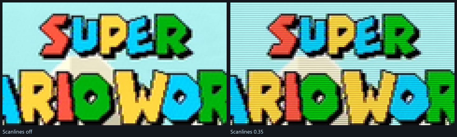 Left: the Super Mario World title screen at 240p, magnified six times. Right: the same picture with scanlines at 0.35