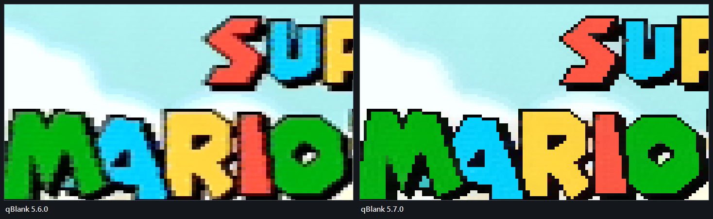 Left: the Super Mario World logo from a PAL SNES over composite, snapped in qBlank 5.6.0, outlines grey and colours bleeding. Right: the same frame in 5.7.0, black outlines and one colour per letter