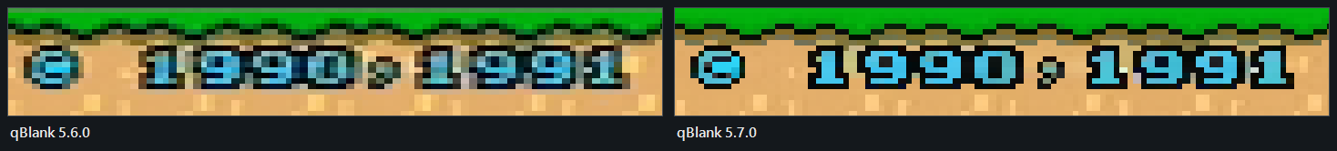 Left: the copyright line in 5.6.0, blurred and in many shades of blue. Right: 5.7.0, one cyan with a black outline