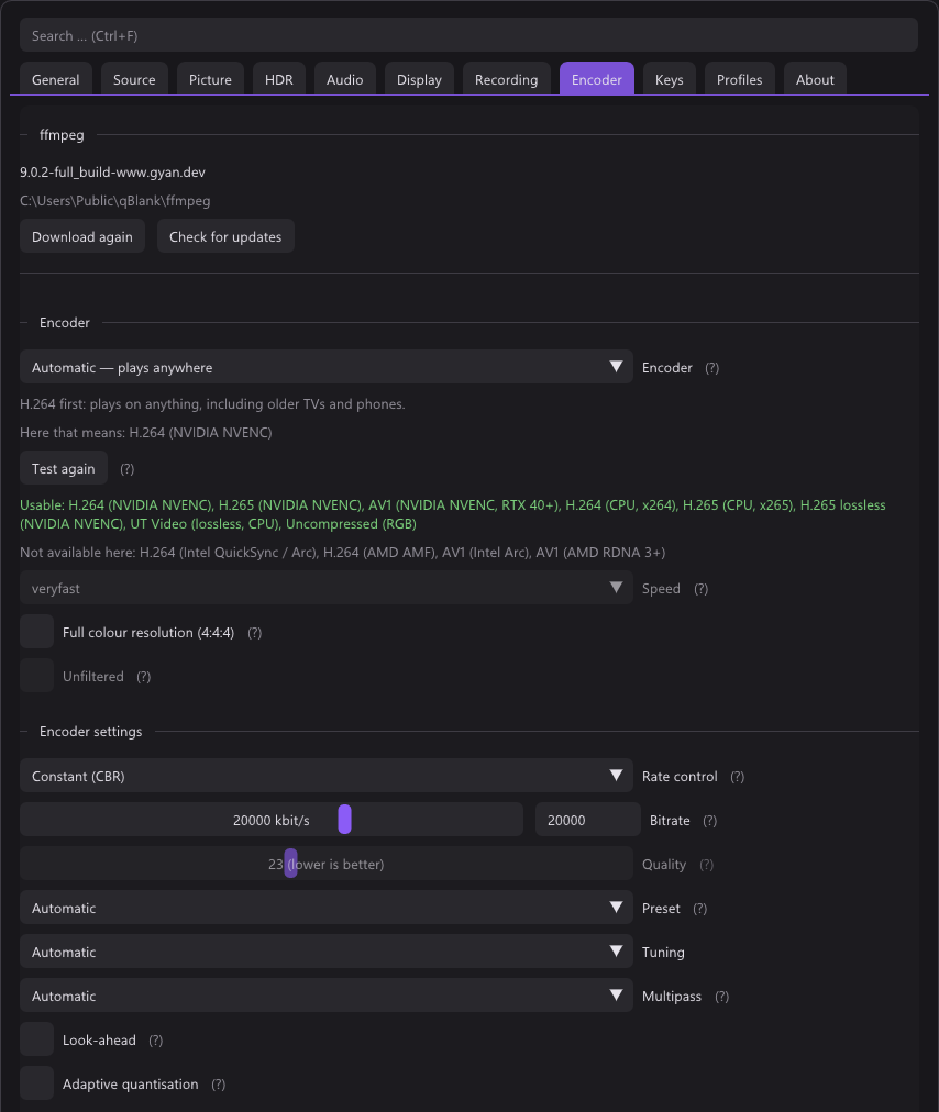 The Encoder tab