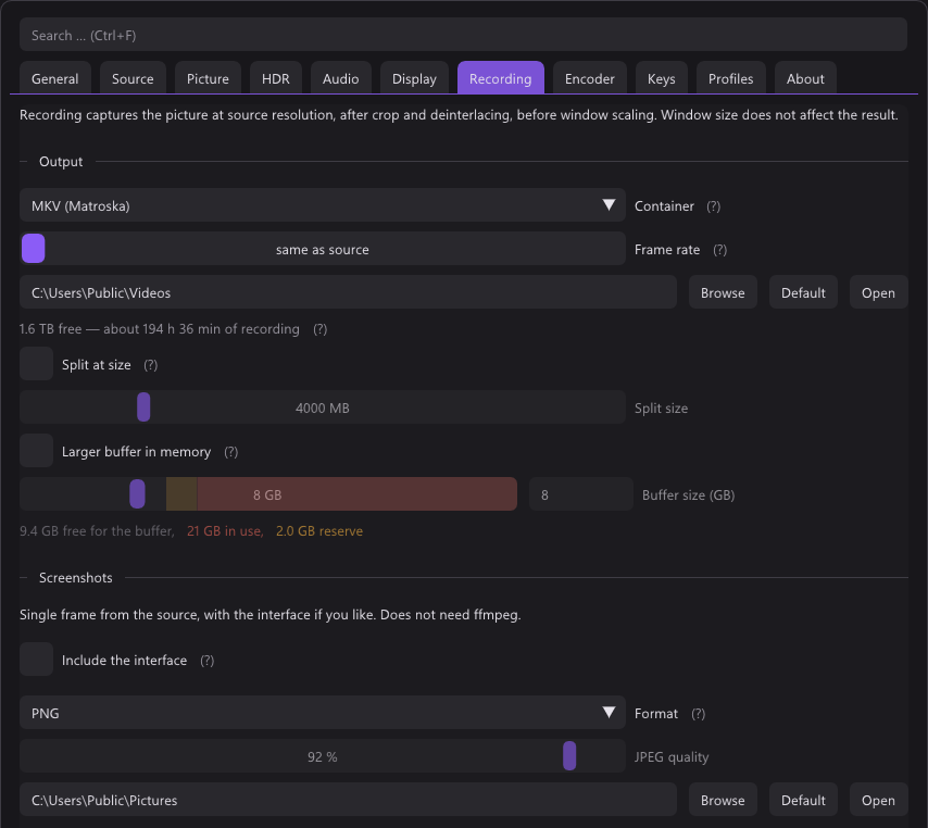 The Recording tab