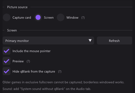 The Source tab with Screen as picture source: monitor, mouse pointer, preview, hide qBlank from the capture