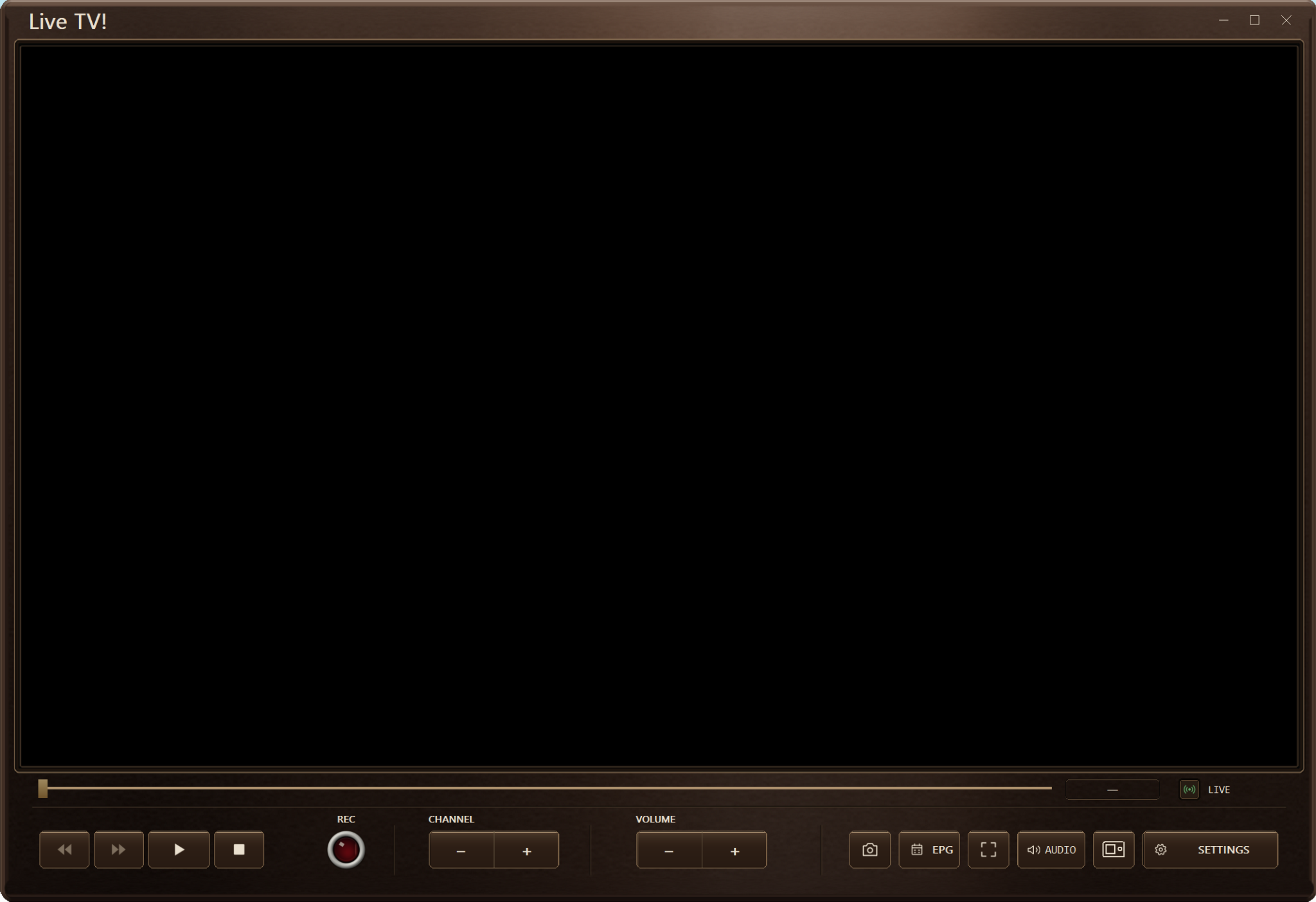 Live TV viewing window with playback, recording, channel, volume, guide, snapshot and fullscreen controls