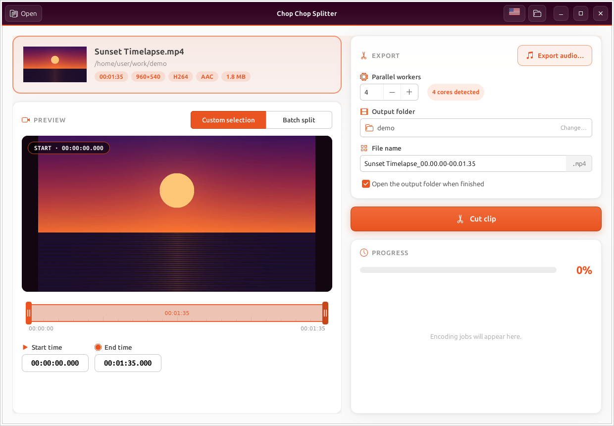 Chop Chop Splitter on Ubuntu, Custom selection mode