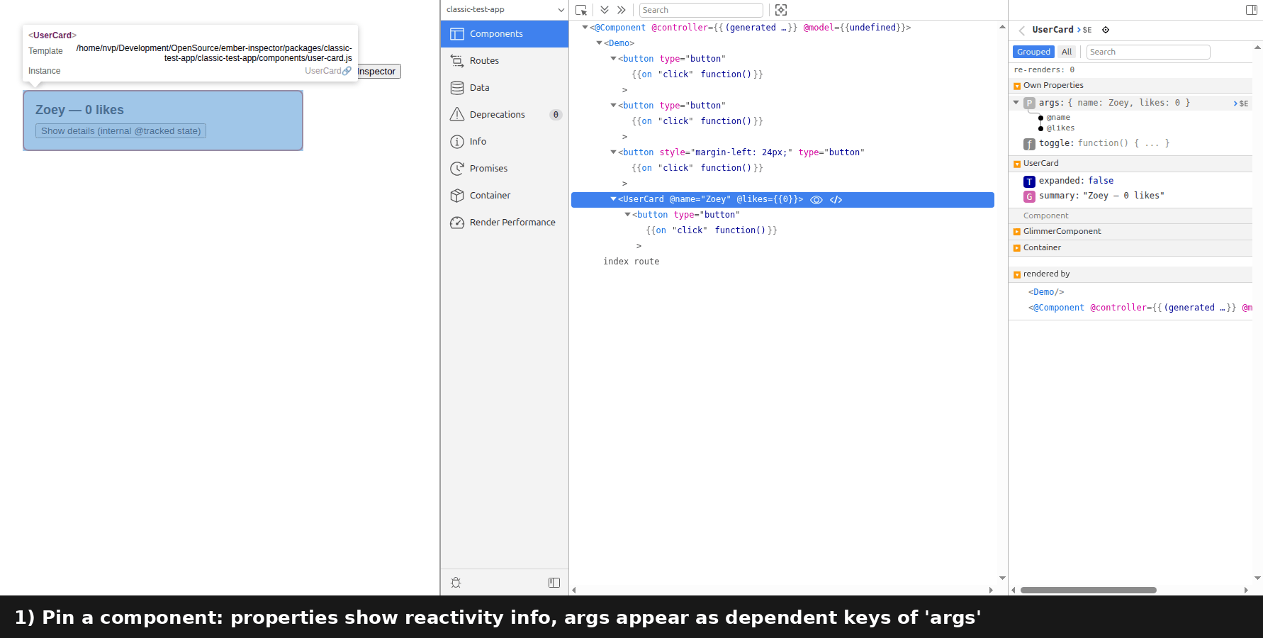 Reactivity introspection demo — pin a component, then watch "re-renders / last change" and the 🔸 markers update as you interact with the app
