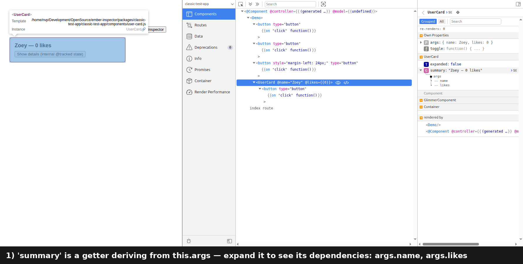 Getter dependency demo — expand a getter's dependent keys and watch the changed flag move between its dependencies