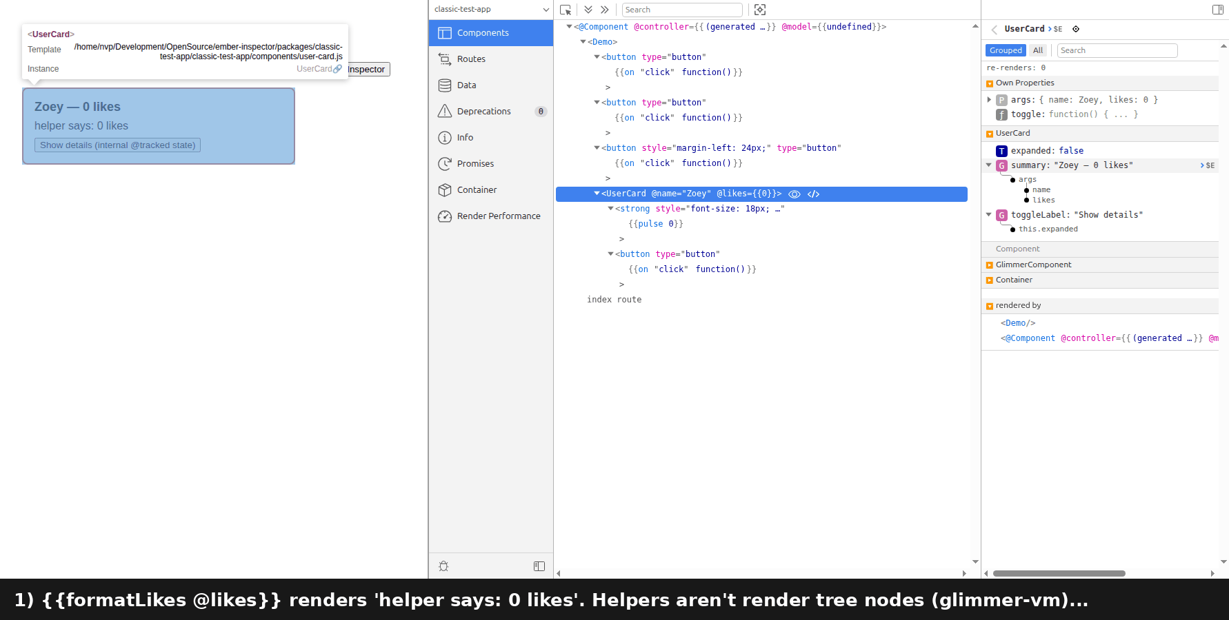Helper demo — the helper recomputes and the cause shows on its enclosing component