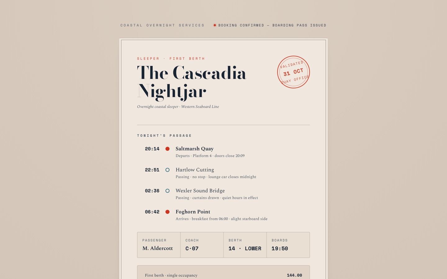 The Cascadia Nightjar sleeper-train ticket hero