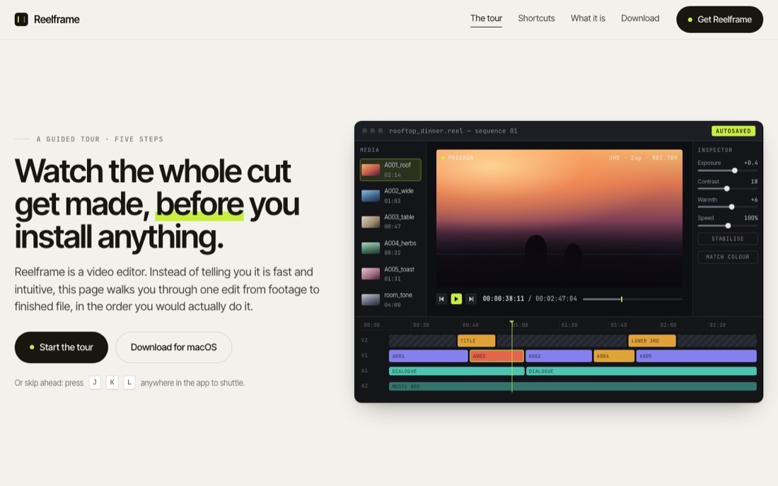 The page built with Inspo: warm paper, editorial type, detailed product mock