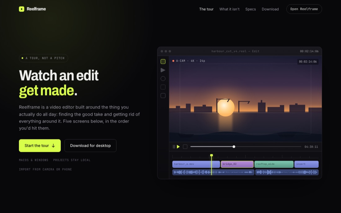 The bare agent's page: dark theme, neon accent, gradient app mock