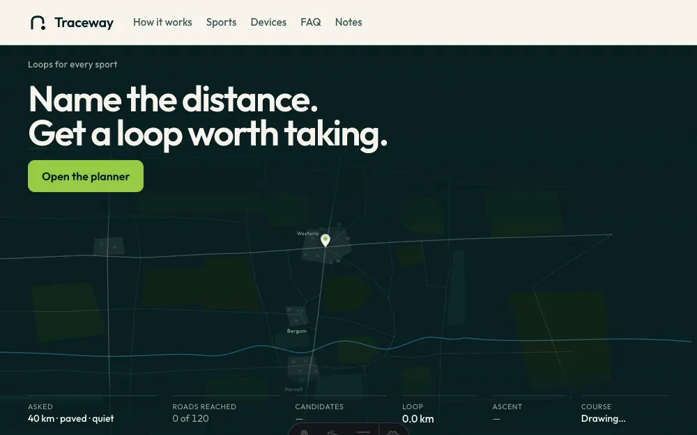 A pin drops near Westerlo. Traceway reads the roads around it, scores every way back, keeps the best of three loops, sets the direction, bends it through a via, and writes morning-loop.fit.