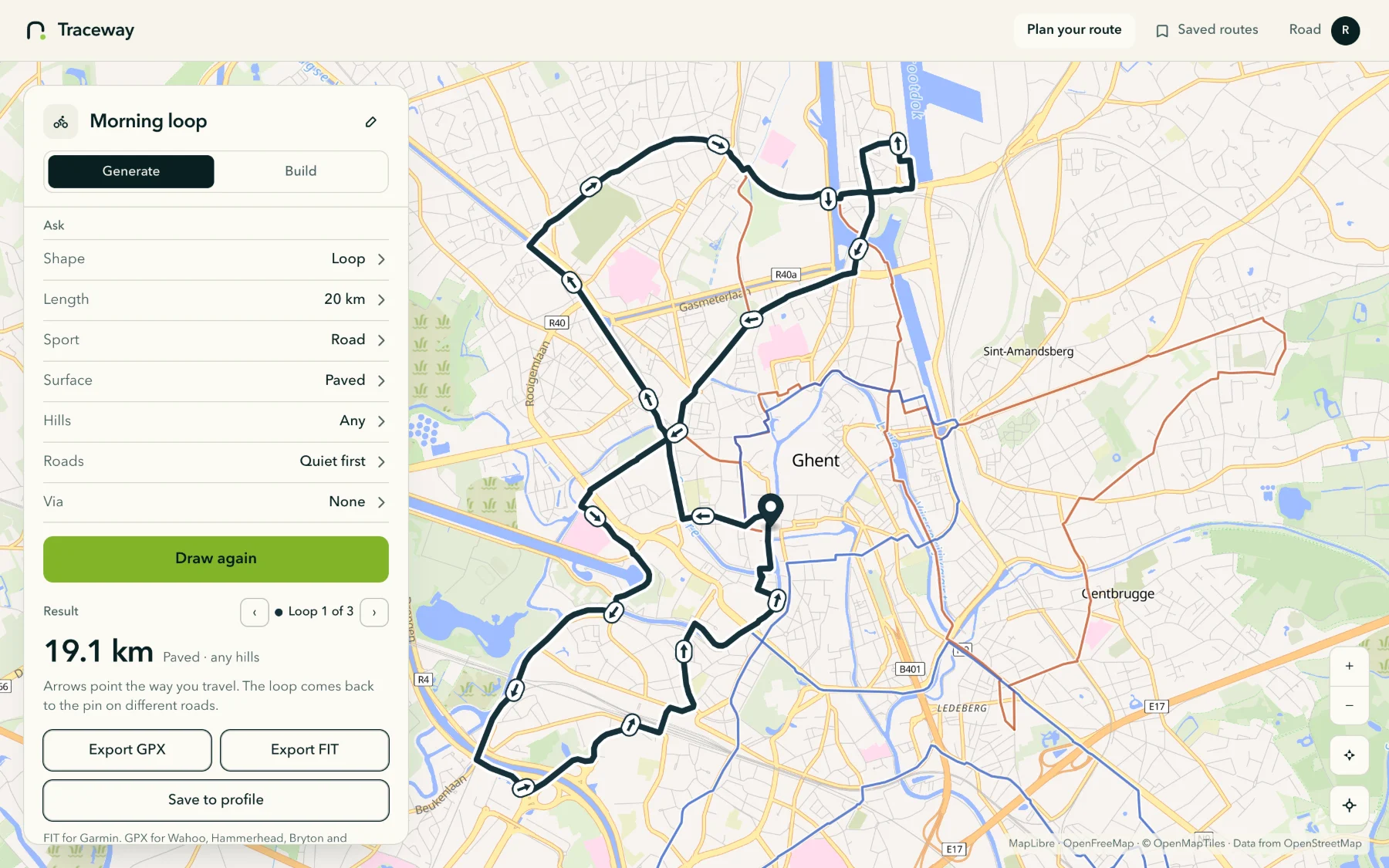 The Traceway planner with a 19.1 km road loop through Ghent. Direction arrows show the way to ride, and the panel offers Export GPX, Export FIT, and Save to profile.