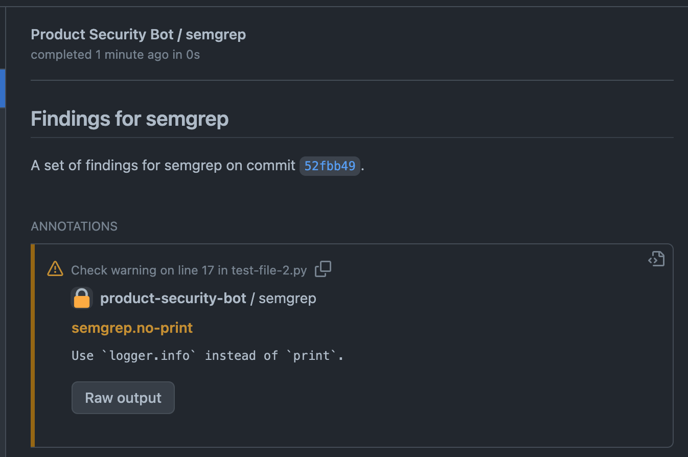 A GitHub check summary page showing one finding from Semgrep.