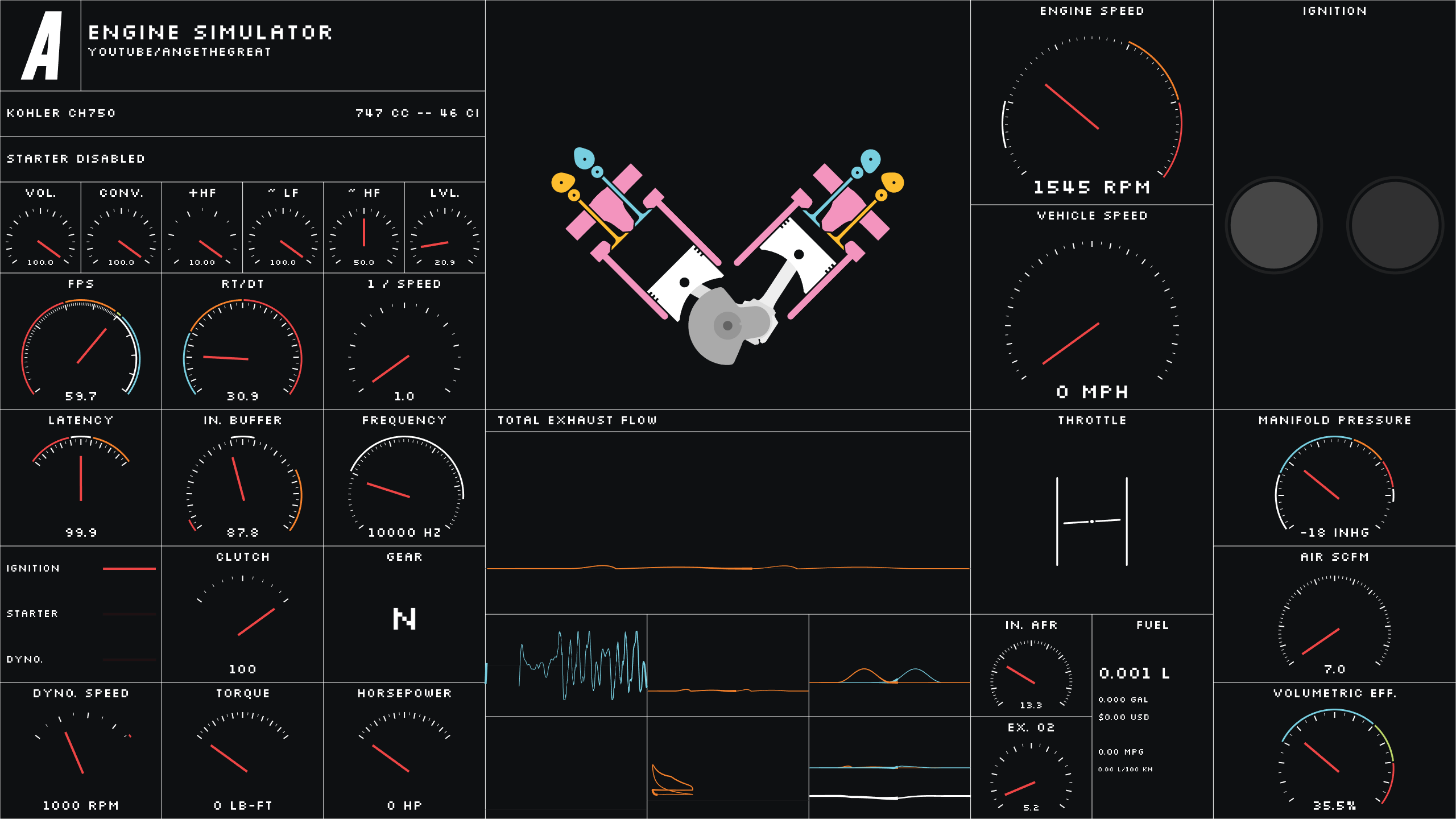 Engine Simulator showing a mechanically rendered engine, gauges, and simulation data
