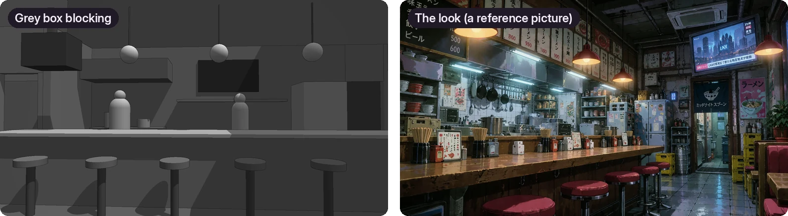 Grey box blocking next to the reference picture for the same room